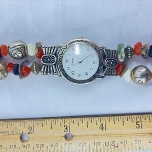 Jacmar Watch With Southwestern Style Silver Orbs And Red Stone Band